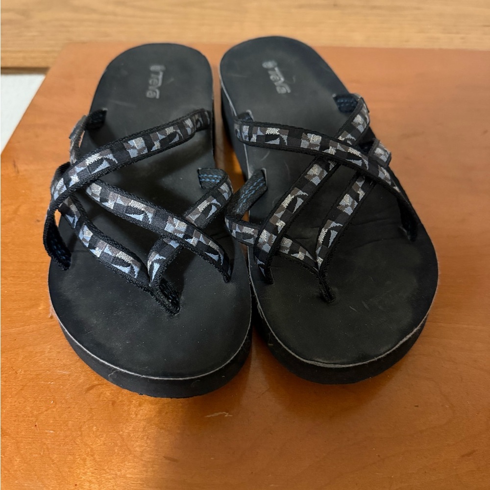 Teva Black and White Patterned Sandals Thong Wedges